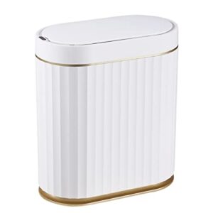 ELPHECO Bathroom Bin with Lid - Waterproof Automatic Trash Can, 2 Gallon Slimline Smart Wastebasket, 9L Narrow Motion Sensor Garbage Bin for Bedroom, Bathroom, Kitchen, Office, White with Gold Trim