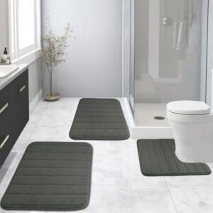 NAKIHOUSE Memory Foam Bath Mat Set, 3 Pieces Bathroom Mat, Bathroom Non-slip Mat, Bath Rug Set Absorbent Water Non-Slip Bath Mat Toilet Rug Bath Rug (Gray, 40 * 60 + U50*50 + 50 * 80cm)