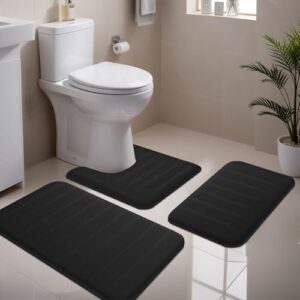 NAKIHOUSE 3 Piece Non-Slip Bath Mat Set, Luxury Thick Memory Foam Bathroom Rugs, Water Absorbent Soft Shower Mat Machine Washable Toilet Mat for Bathroom Floor, Black