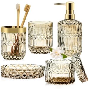 TBRFP Gold Bathroom Accessories Set, 5 Pcs: Gold Soap Dispenser, Soap Dish, Toothbrush Holder, Tumbler, Cotton Swab Jars