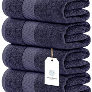 White Classic Luxury Bath Towels Set of 4 Large - 700 GSM Cotton Ultra Soft Bath Towels 27x54 | Highly Absorbent and Quick Dry | Hotel Towels for Bathroom Luxury, Plush Shower Towels, Navy