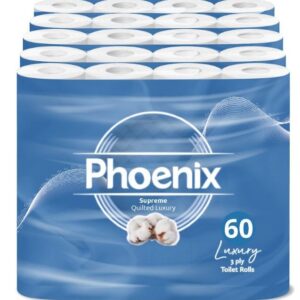 Phoenix Toilet Rolls – 60 Pack | 3 Ply Supreme Unscented Toilet Paper | Bulk Buy, Soft, Quilted, Sustainably Sourced, Eco- Friendly Luxury Bathroom Tissue